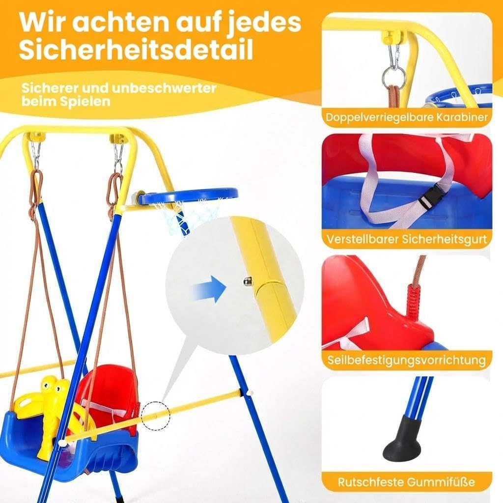 4-in-1 Kinderschaukel Babyschaukel mit Basketballkorb, zusammenklappbar, sicherer Metallrahmen Schaukelgestell, Sicherheitsgurt, Indoor & Outdoor, ab 6 Monaten