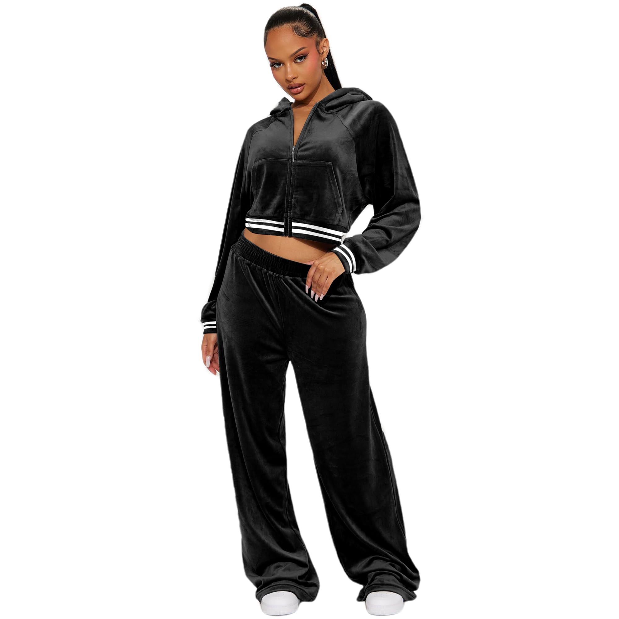 yidengymx Womens 2 Piece Velour Tracksuit Two Piece Soft Velvet Hooded Outfits for Women Hoodie/Wide Leg Pants-black XX-Large