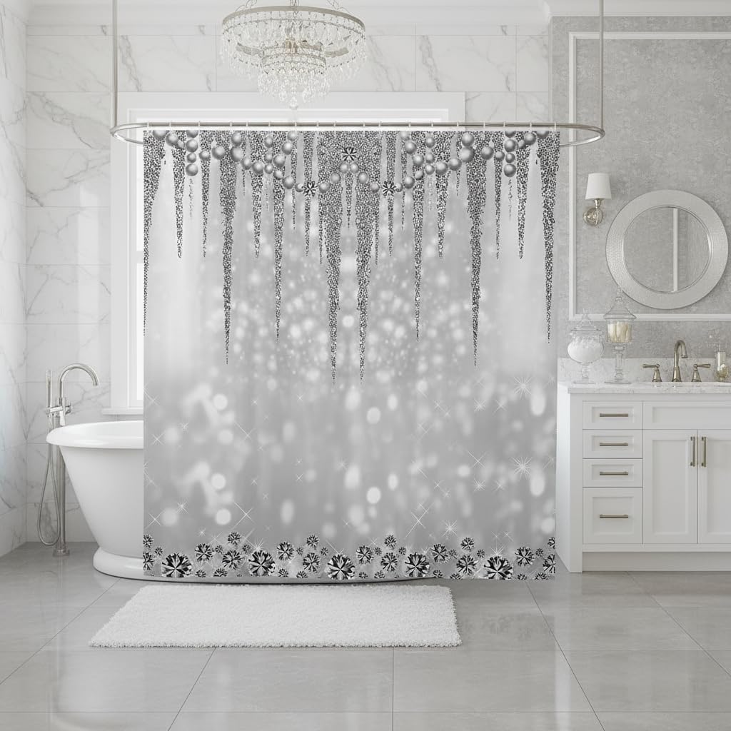 Castle Fairy Grey Glitter Print Bathroom Shower Curtain Diamond Pearls Silver for Kids Teens Girls Men Room Decor,Luxury Sparkling Jewelry Waterproof Starlight Galaxy Bath, 12 Hooks, 72" Wx78 L image 3
