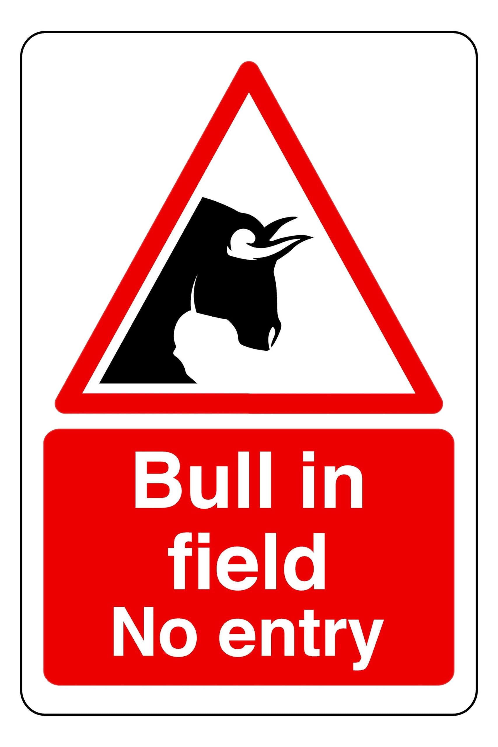 Bull In Field No Entry - safety sign - High tack self-adhesive sticker (600mm x 400mm) Viewing Distance within 20m.