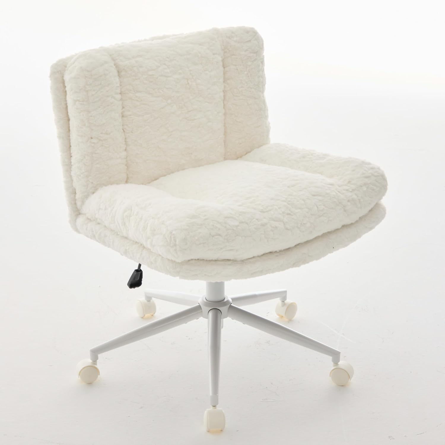 Upgraded Plush Faux Fur Criss Cross Office Vanity & Desk Chair with White Metal Base – Extra-Wide Seat & Tilt Backrest, Adjustable Swivel Makeup Chair for Bedroom, Study & Home Office, Cream