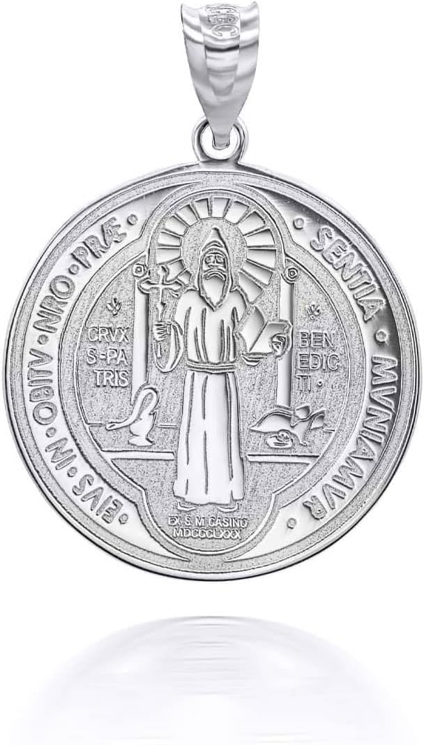 Medalla De San Benito Saint St Benedict 14K White Gold Coin Pendant Necklace with Rolo Chain and Pendant only