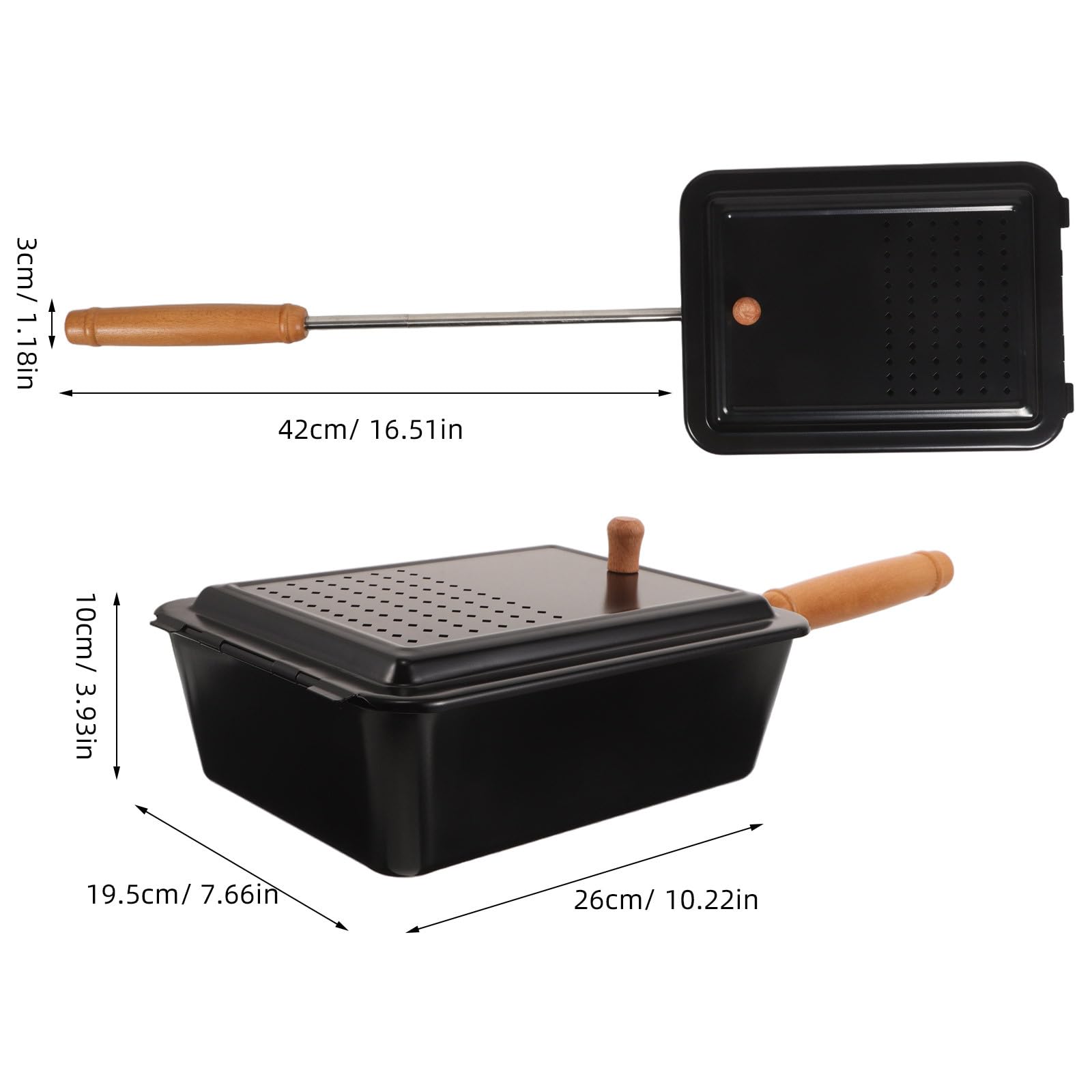 Operitacx Palomitera con tapa ventilada - Sartén para palomitas de maíz de 26,2 x 19,5 x 10 cm con mango de madera - Sartén rectangular pequeña de hierro para cocinar, ideal para noches de cine y