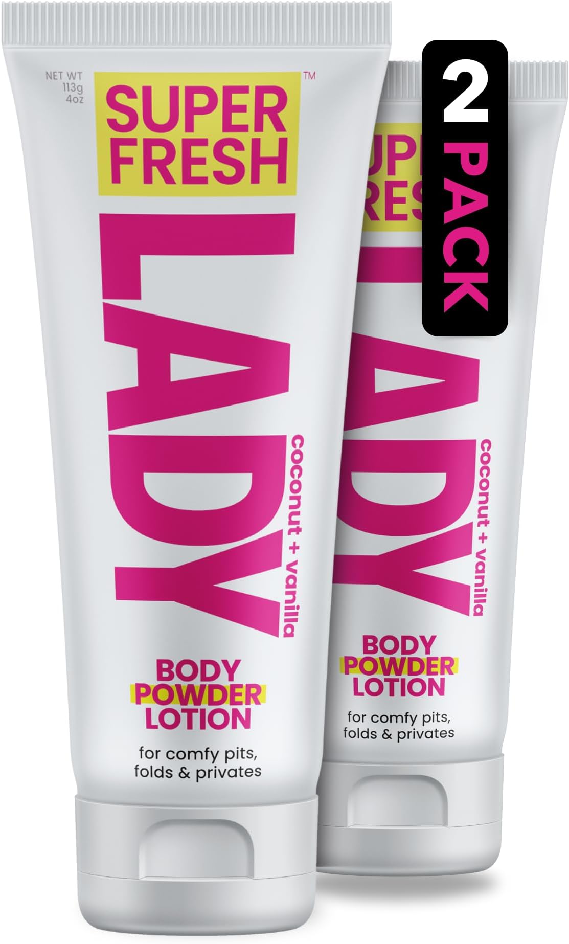 Whole Body Deodorant for Women by Super Fresh Lady Aluminum Free Powder Lotion for Privates and Body Stops Odor and Chafing Coconut Vanilla Scent 4 oz Tubes Twin Pack for Daily Feminine Care