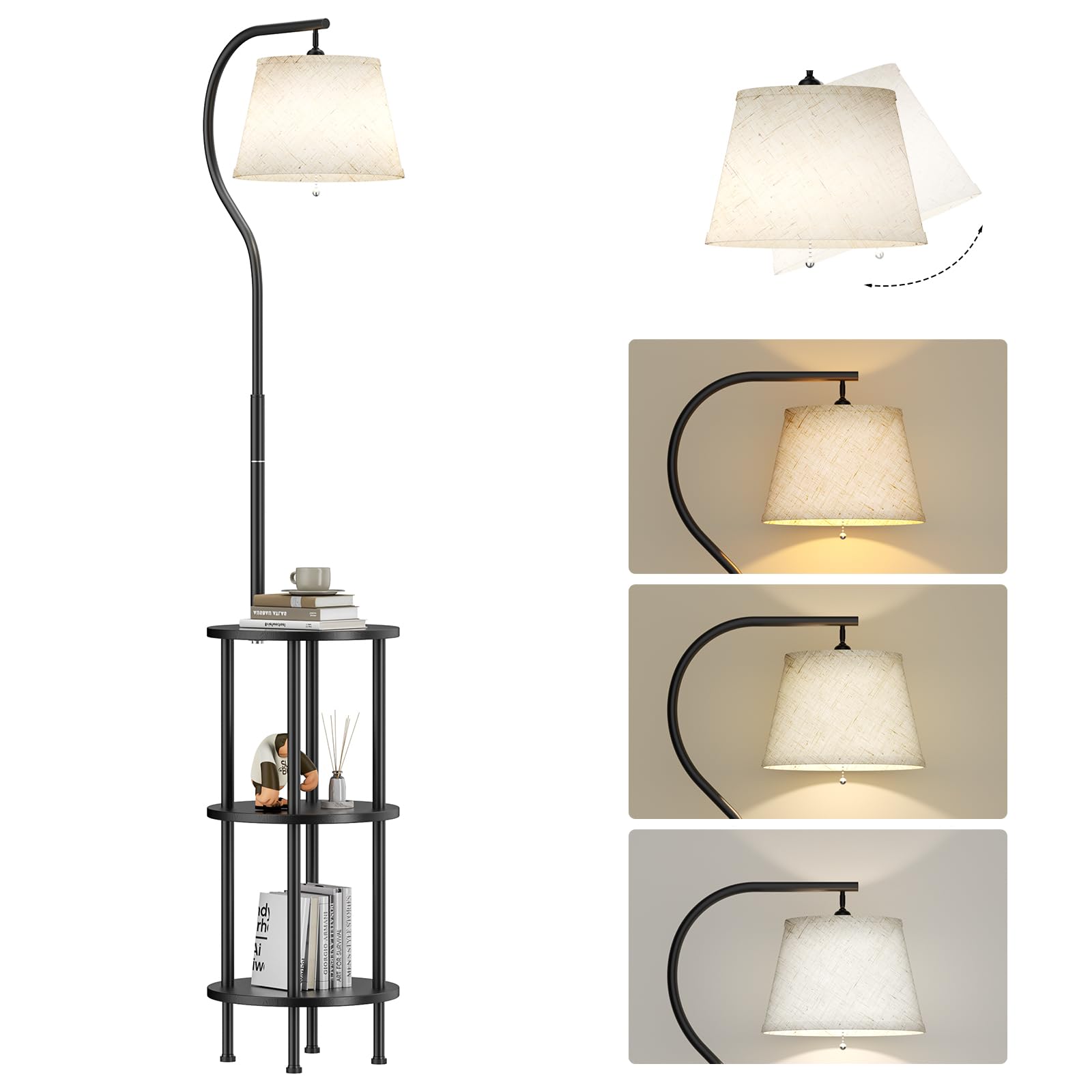 Lámpara de pie con 3 estantes, 9 W LED lámpara de pie con 3 temperaturas de color (3000 – 6000 K) y cabezal giratorio 350°, lámpara de pie con estantes de madera e interruptor de cadena para salón