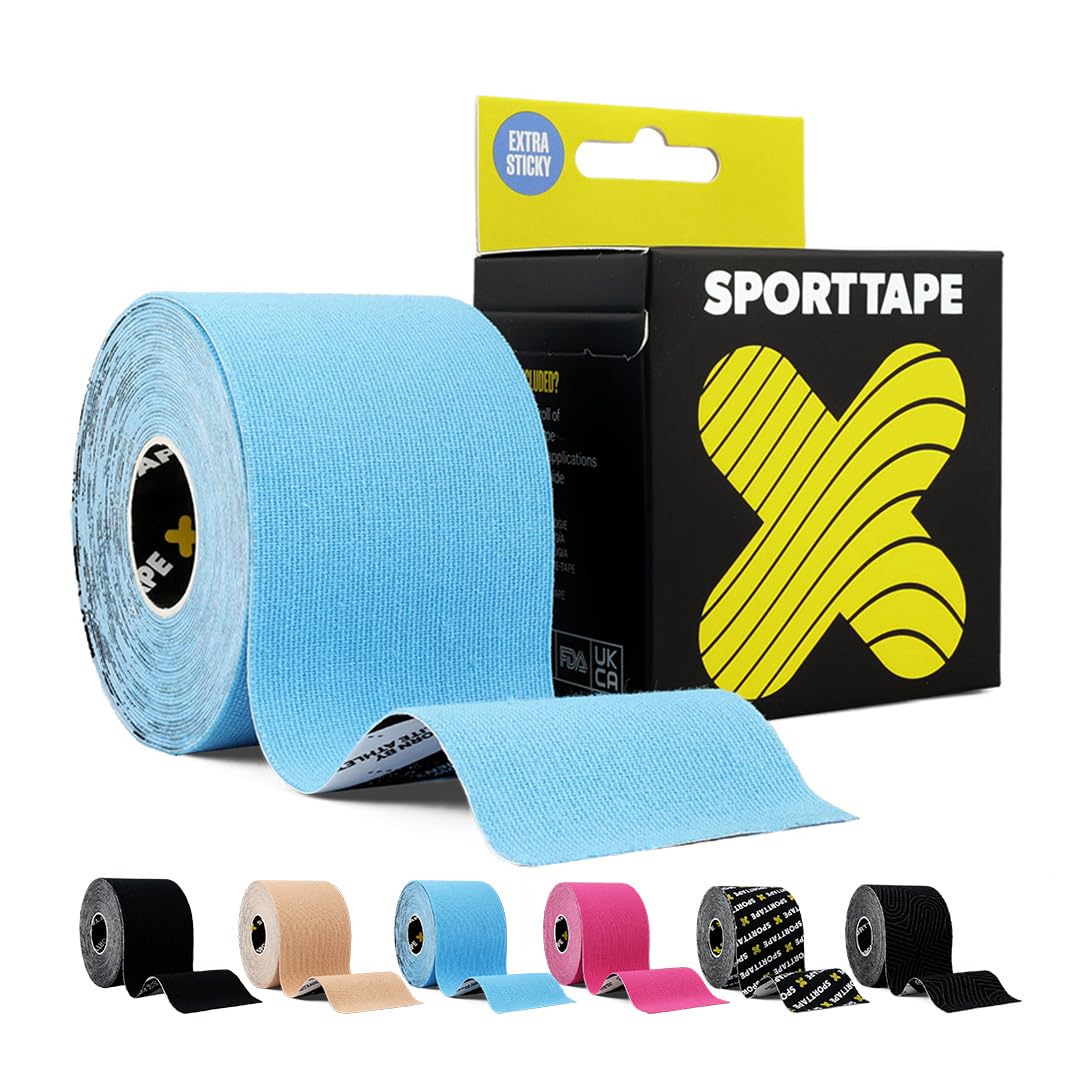 SPORTTAPE Extra Sticky Kinesiology Tape, 5cm x 5m - Blue | Hypoallergenic, Waterproof Kinesiology Tape | Physio, Medical Sports Tape for Muscle Injury, Support | Uncut - Single Roll