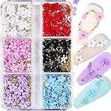 3D Colorful Flower Nail Charms White Pink Color Blue Purple Black Flowers Acrylic Nail Charms with Metal Golden Round Beads for Nail Art DIY Accessories