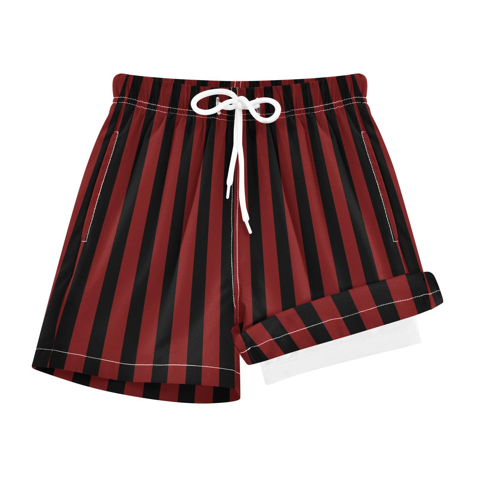 FLildon Dark Red Black Stripes Boys Swim Trunks with Compression Liner Quick Dry Bathing Bottom Kids Beach Shorts, 9-11 Years