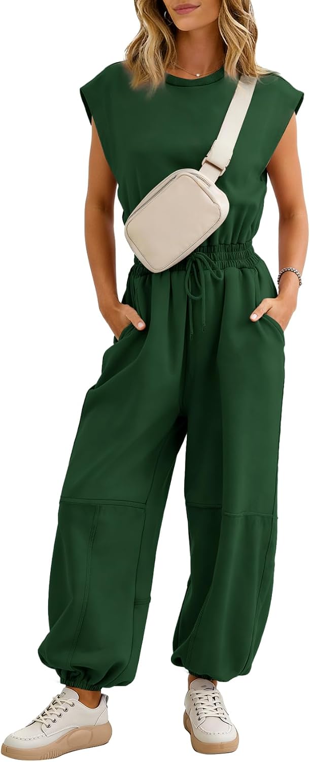Flygo Womens Casual Jumpsuit Crewneck Cap Sleeve Long Wide Leg Pants One Piece Outfits Drawstring Romper with Pockets