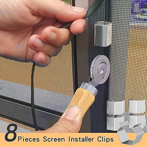 King&Charles Screen Repair Kit, 4 In 1 Screen Tools - Screen Roller With Bearing & Removal Hook & Screen Clips(8 Pcs) & Screen Spline(32 Ft) And User Manual, For Install/Replace Door Window Screens #TOP4