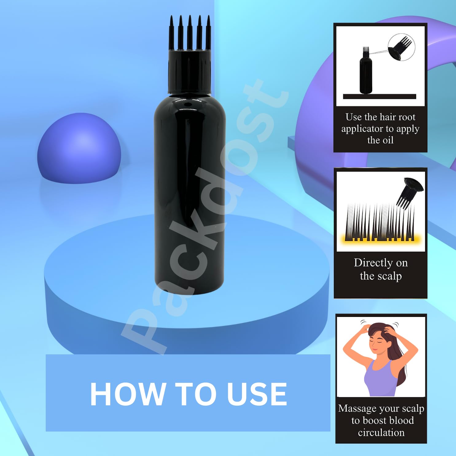 Packdost 100 Ml Empty Hair Root Comb Applicator Oil Shampoo Comb Refillable Cylindrical Black Bottle With Applicator Cap - Set Of 20 - Image 2 thumbnail