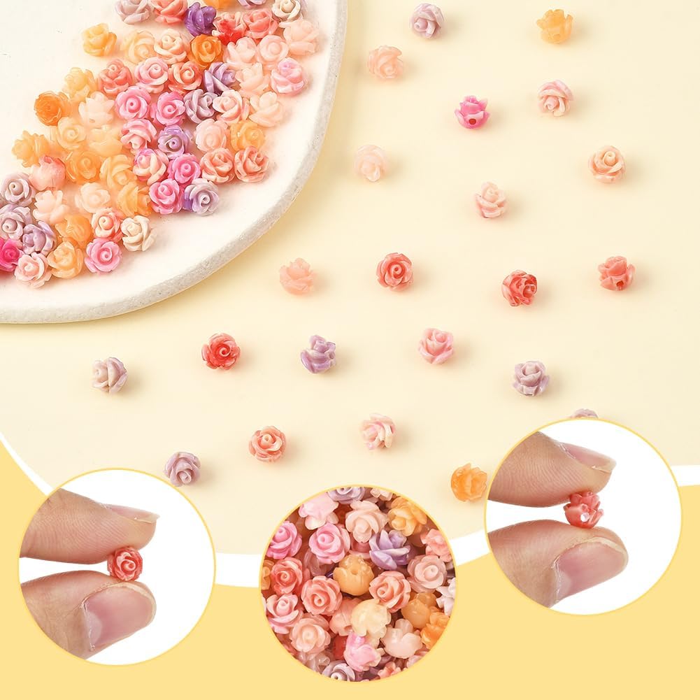 1 Box 100Pcs Carved Rose Beads 3D Flower Beads Colorful Assorted Floral Dyed Synthetic Coral Small Craft Smooth Loose Spacers for Jewelry Making Bracelets Necklaces DIY Crafts Accessories