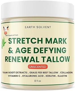 Earth Solvent Grass Fed Beef Tallow Body Cream, Whipped Tallow Cream Hydrating Moisturizer for Sensitive Skin, Anti-aging Stretch Mark Cream For Men & Women 8 Fl Oz (8 fl oz, Unscented)