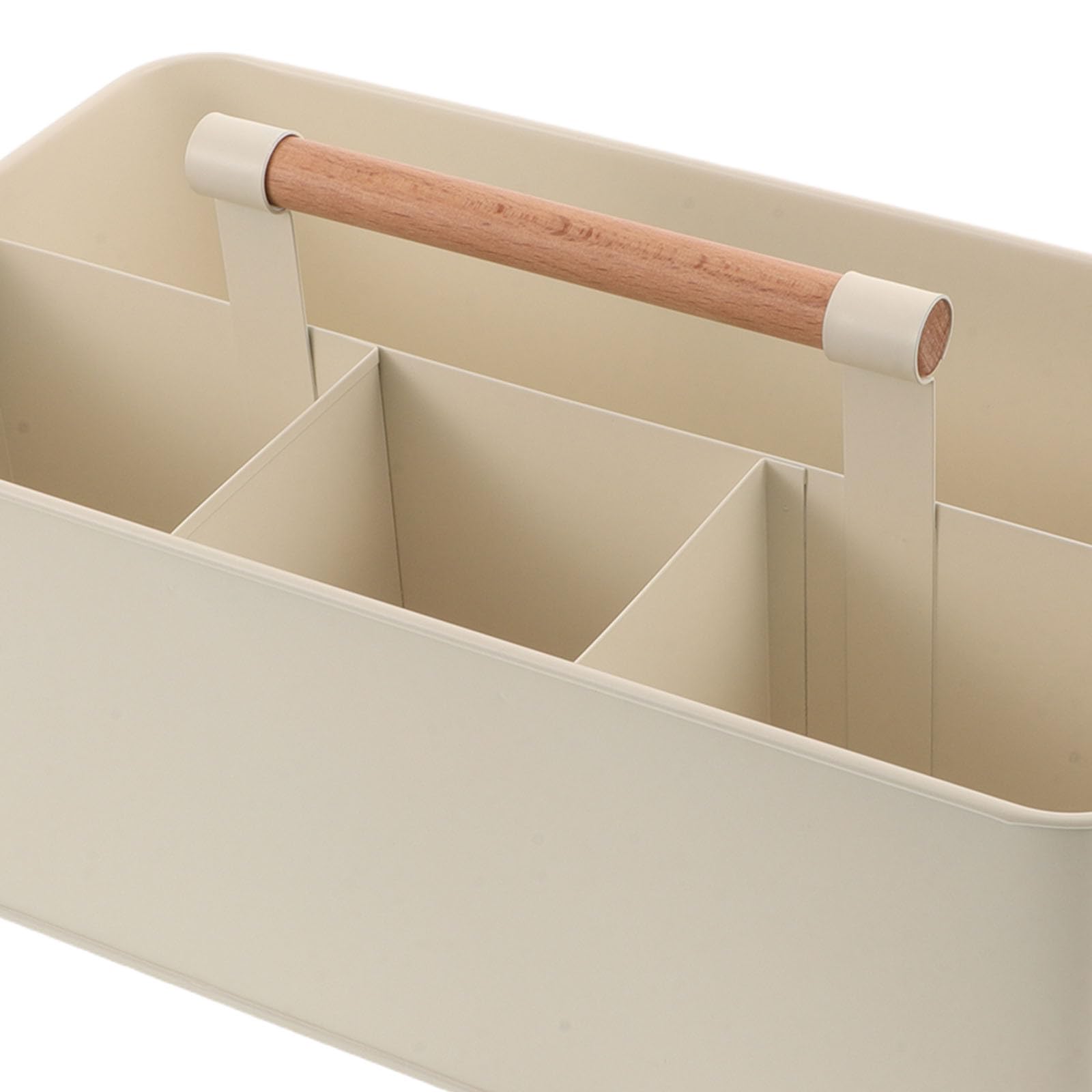 Cesta Organizadora de Herramientas de Jardinería Cesta Metálica Beige con 4 Compartimentos y Mango de Madera de 33x17.5x13 Cm para Plantación Interior y Exterior