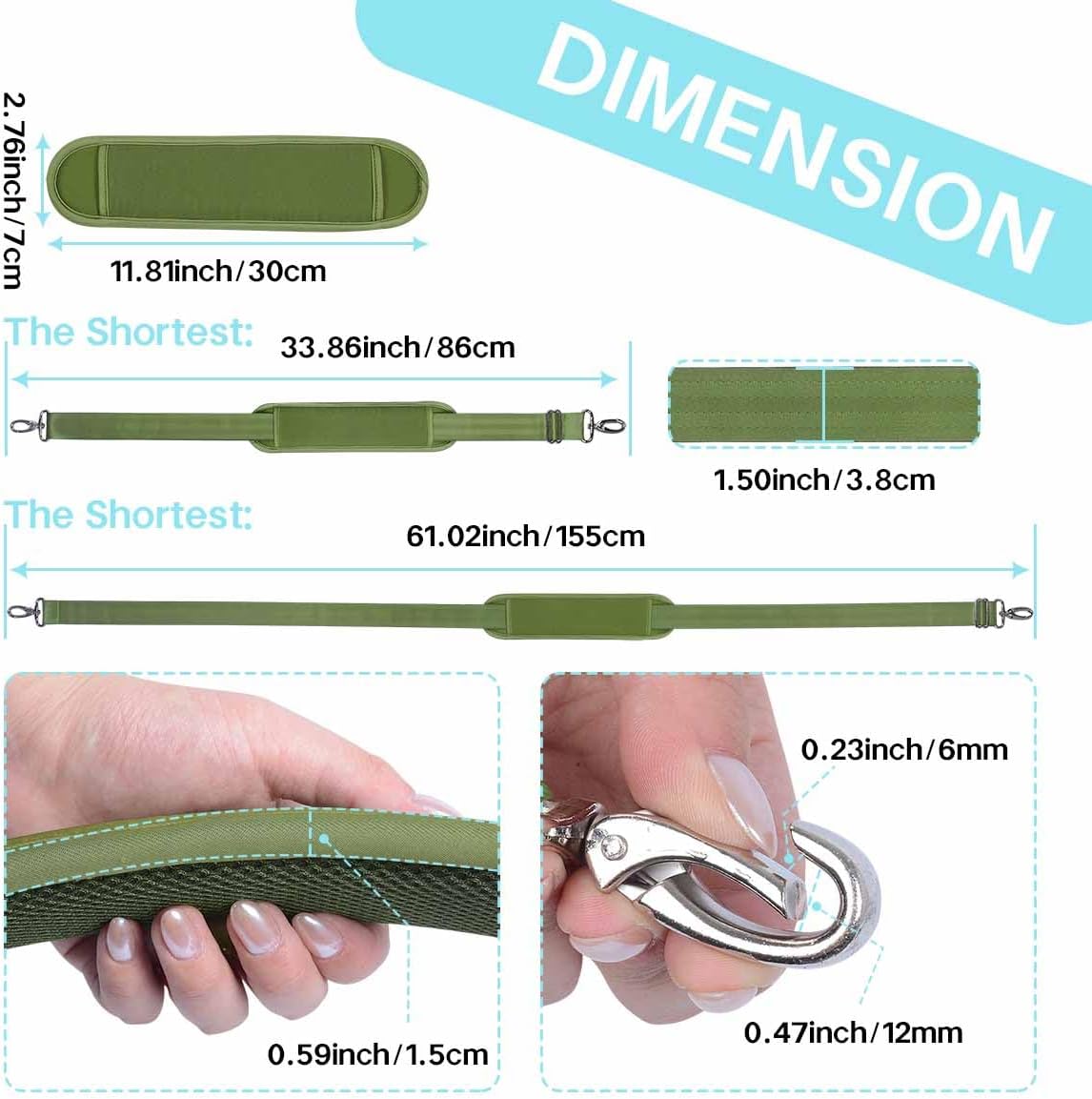 Shoulder Strap Removable Shoulder pad Universal Replacement Bag Strap with Metal Hooks for Luggage Messenger Briefcase Computer Crossbody Bags Laptop Tool Case, Green