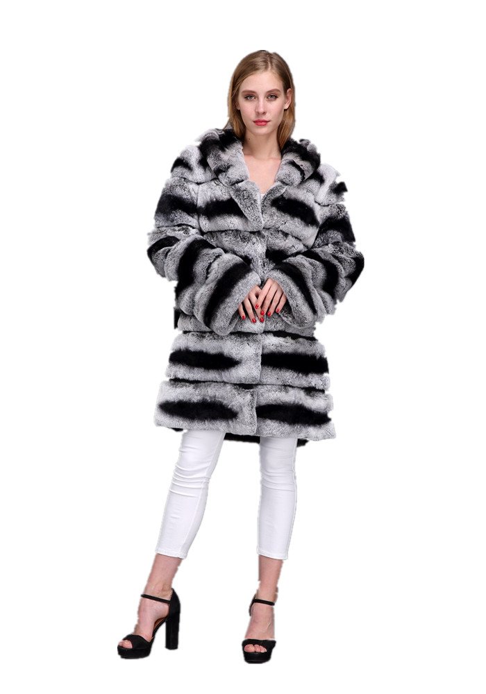 Lady Real Rex Rabbit Fur Chinchilla Long Coat with Fur Hood 1706025