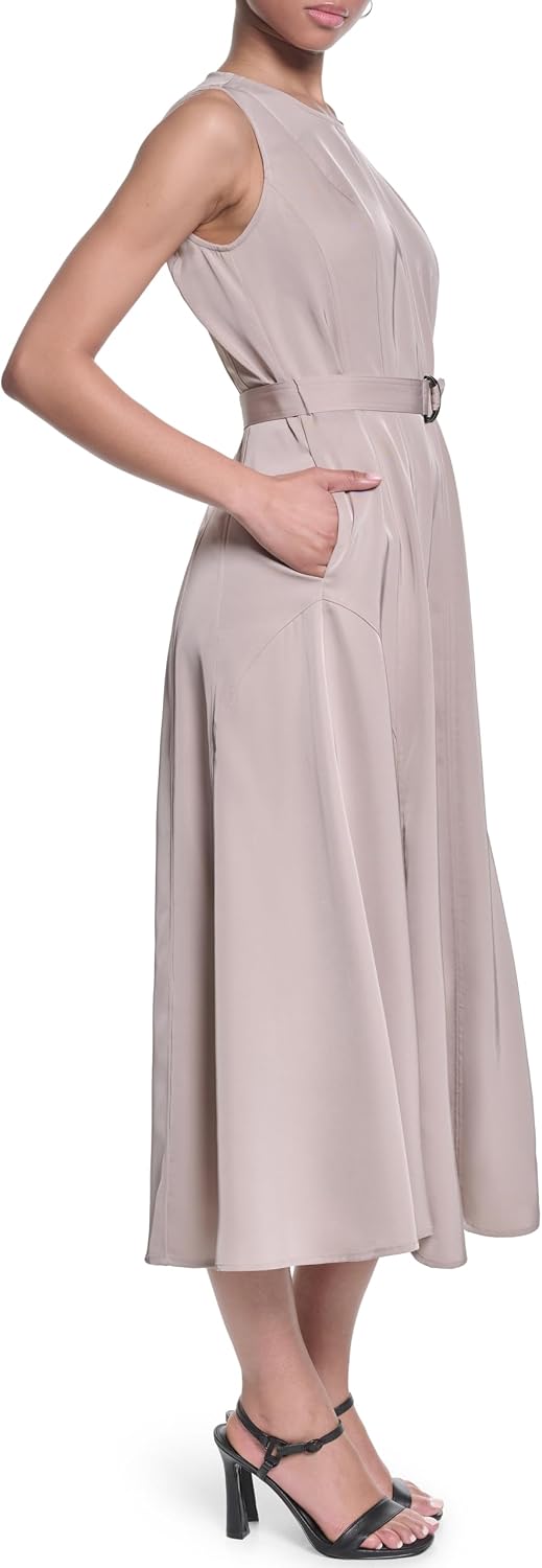 Karl Lagerfeld Women's Sleeveless Crew Neck Poly Twill Belted Midi Dress