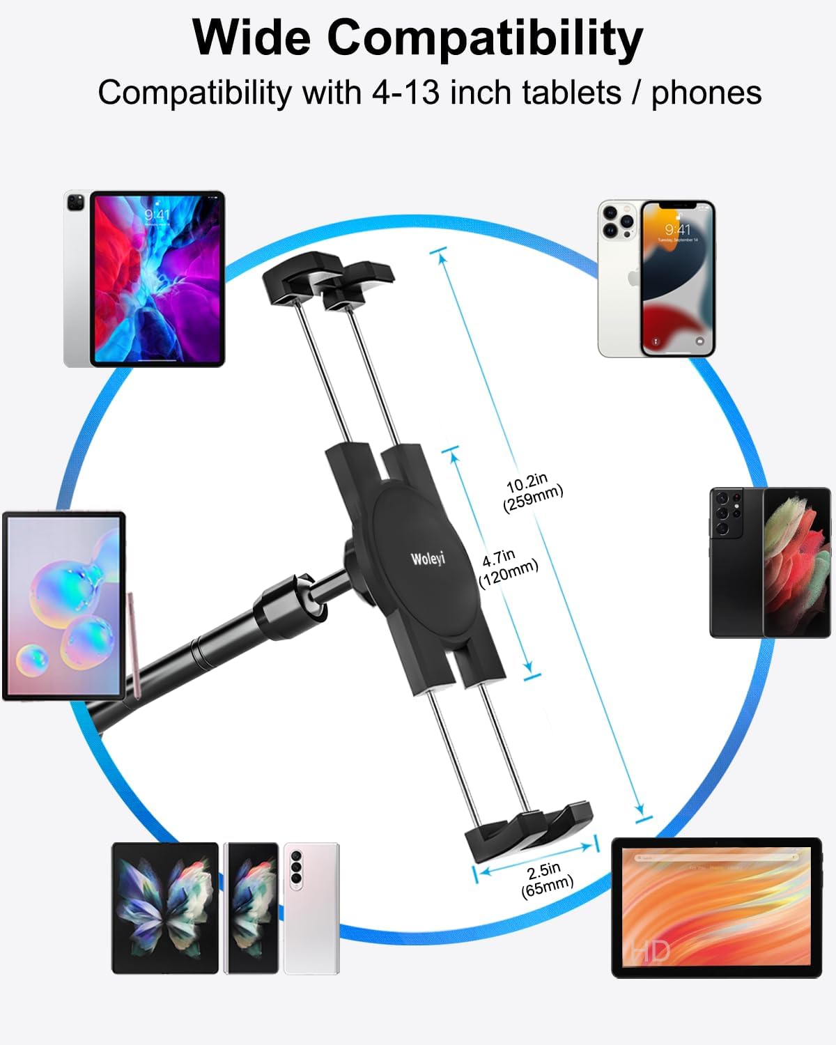 Metal Tablet Wall Mount Holder with 360° Adjustable Foldable Arm, for iPad Pro Air Mini | Galaxy Tab | Kindle Fire | Switch | 4.7-13" Device, for Kitchen Cabinet | Home | Desk | Under Counter | Office