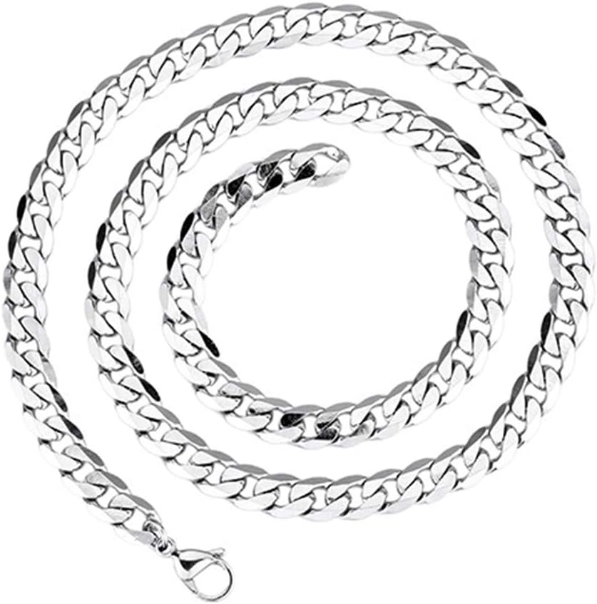 Qiaonitu 7mm Curb Mens Necklace - Silver Chain Flat Cuban Stainless Steel Jewelry - Neck Link Chains for Men Women Heavy Military - 18 20 22 24 inch