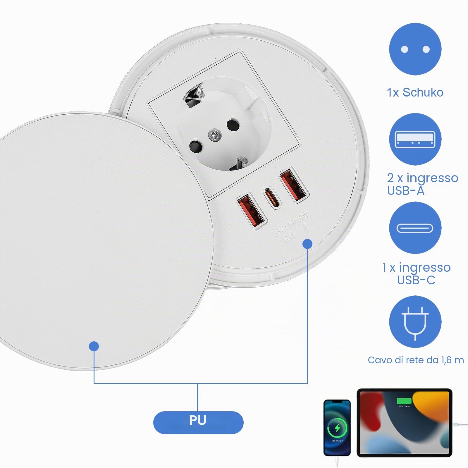 Presa da incasso con coperchio, presa da tavolo con 1 Schuko e 1 connettore USB-A e 1 connettore USB-C e cavo di alimentazione da 1,5 m, prese per foro da tavolo da 80 mm