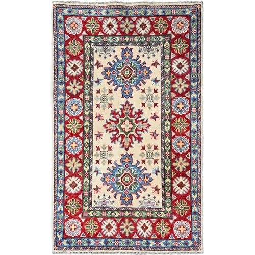 Shahbanu Rugs Hand Knotted Kazak Oriental Rug, Alabaster White, Soft Wool, Geometric Medallions, Vegetable Dyes, 2'6" x 4'1
