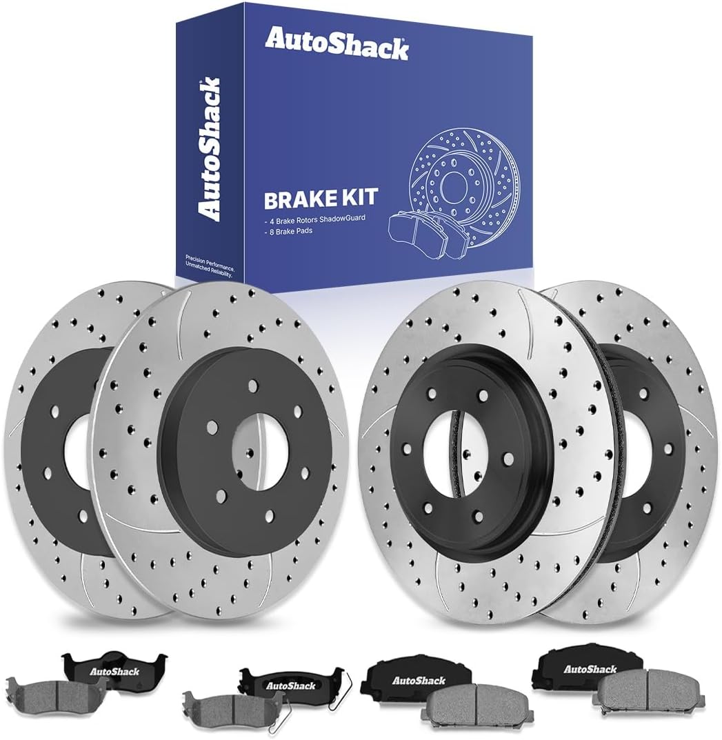 AutoShack Front Vented & Rear Solid Drilled & Slotted E-Coated Brake Rotors + Ceramic Pads 12-PC Brake Kit Replacement for 2011-2015 Nissan TITAN 2012-2015 Nissan Armada ShadowGuard