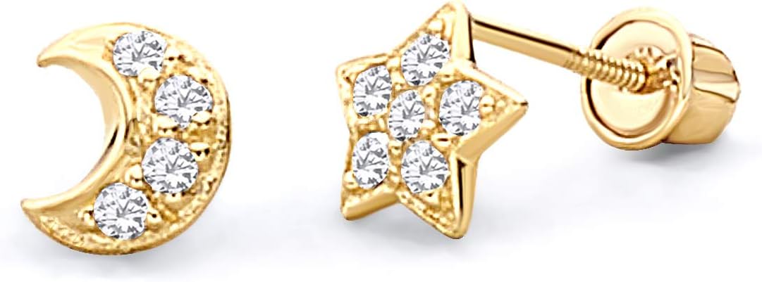 14k Yellow OR White Gold Star & Moon Stud Earrings with Screw Back