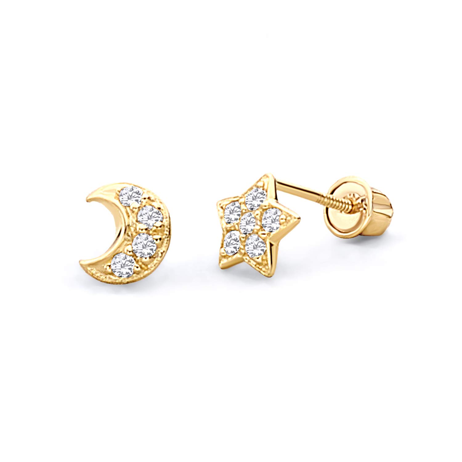 14k Yellow OR White Gold Star & Moon Stud Earrings with Screw Back