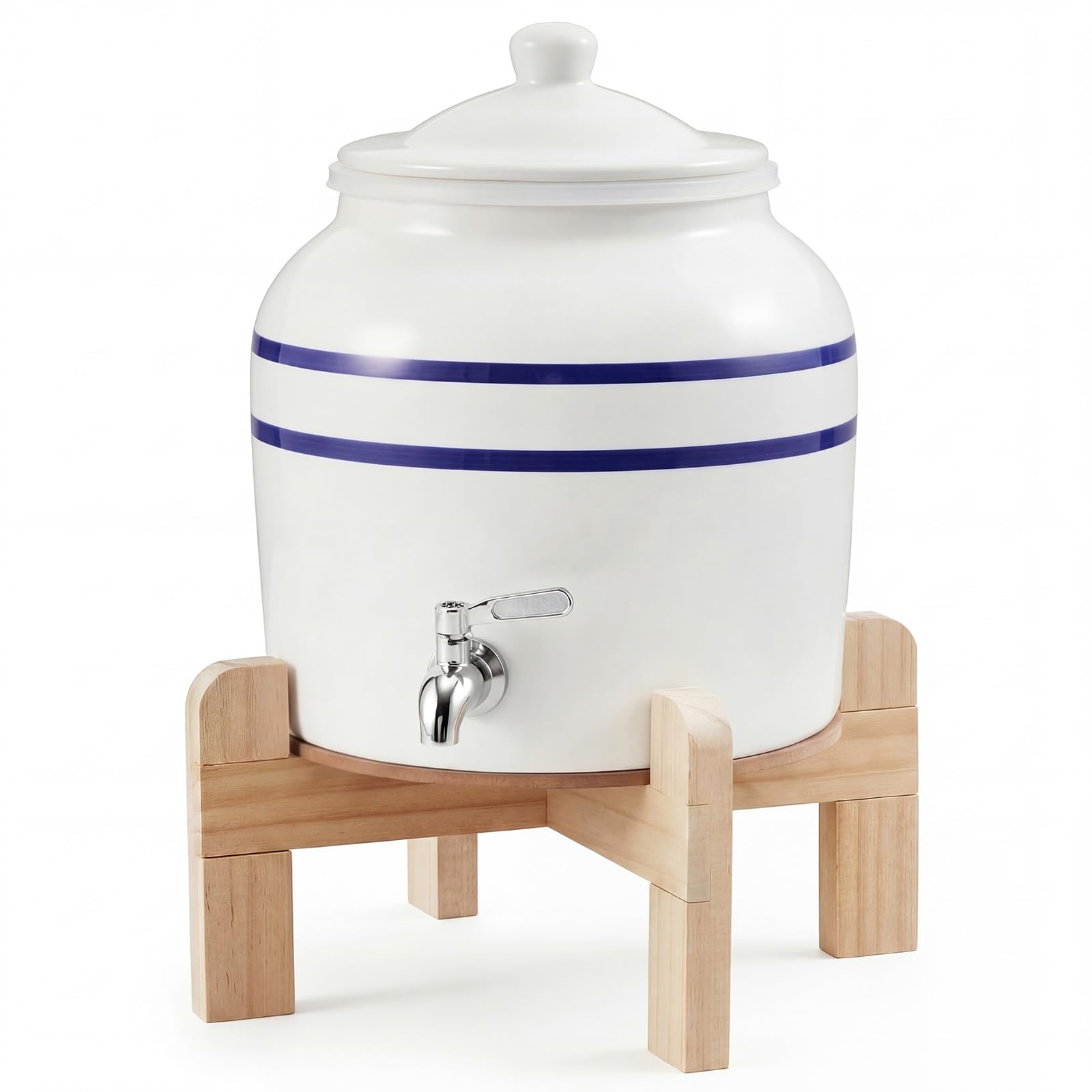 FillTouch Ceramic Water Dispenser Crock Water Dispenser with Wood Stand 304 Stainless Steel Faucet, Valve and Lid for 3 to 5 Gallon Jugs Porcelain Cooler Home Office Indoor Outdoor(Blue Stripes)