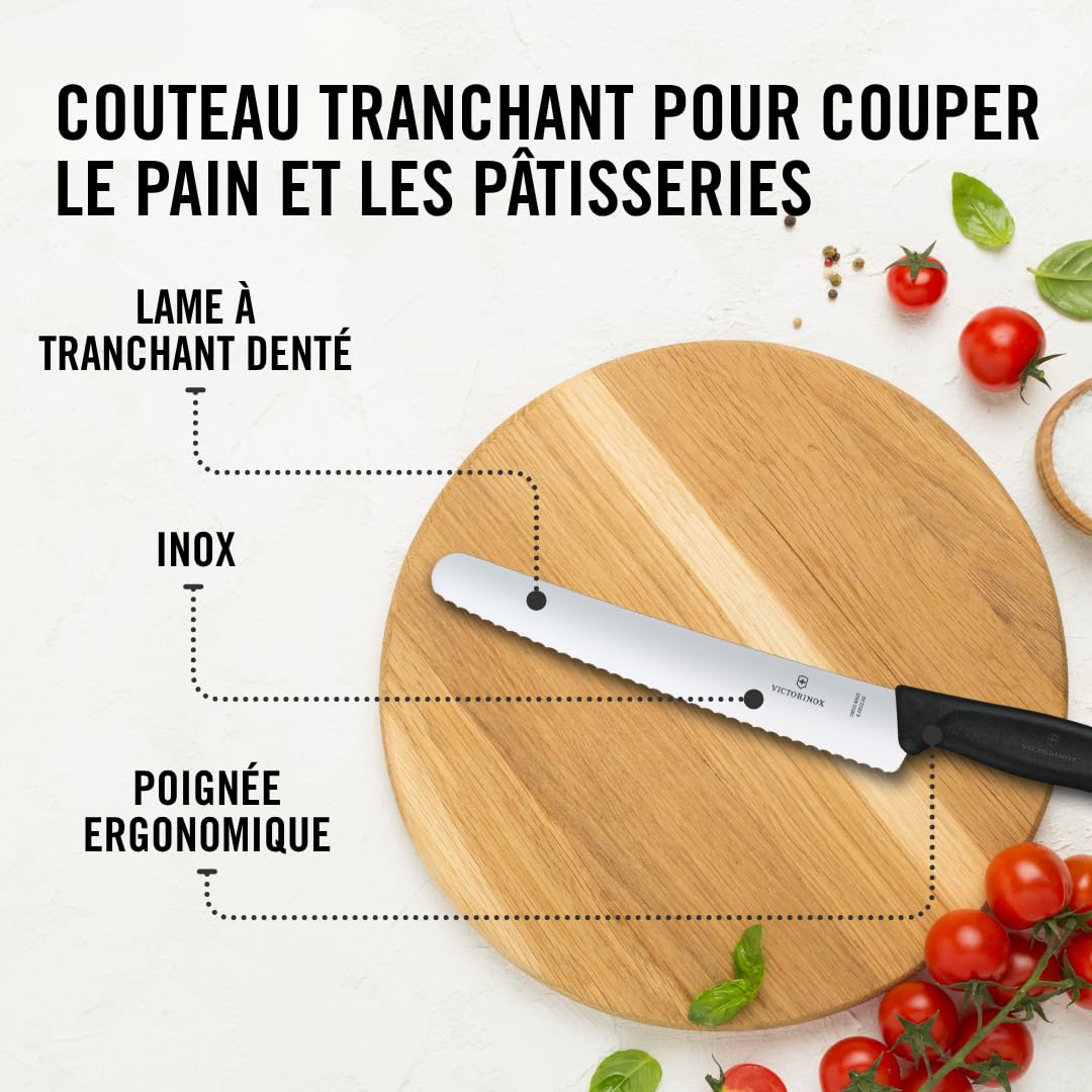 Victorinox Swiss Classic, Couteau de pâtissier professionnel, Lame extra-tranchante, Taille dentée, 22 cm, Acier inoxydable, Noir