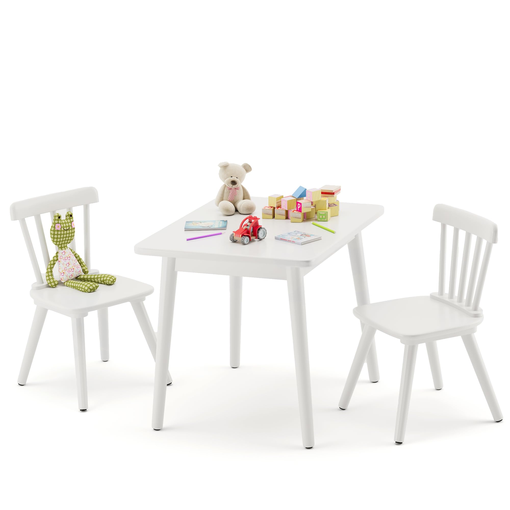 Curipeer Windsor Kids Table and 2 Chair Set, Rubberwood Toddler Table and Chair Set for Art, Play, Craft, Activity, with Non-Slip Legs Round Edge