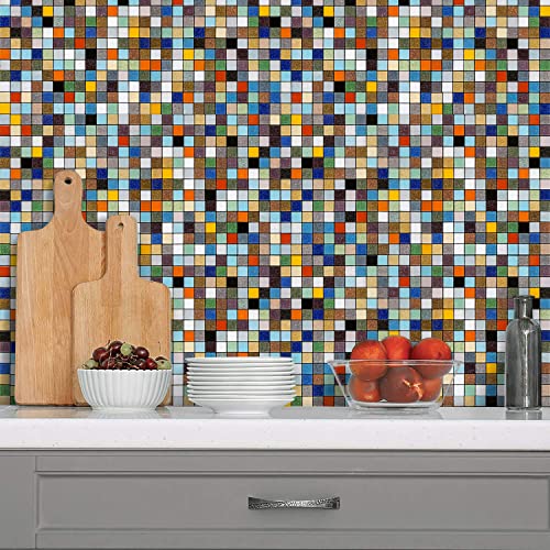 Dicofun 40-Sheet Colorful Glass Peel And Stick Backsplash, 6.6" X 6.6" Mixed Color Stained Quartz Mosaic Tiles #TOP3