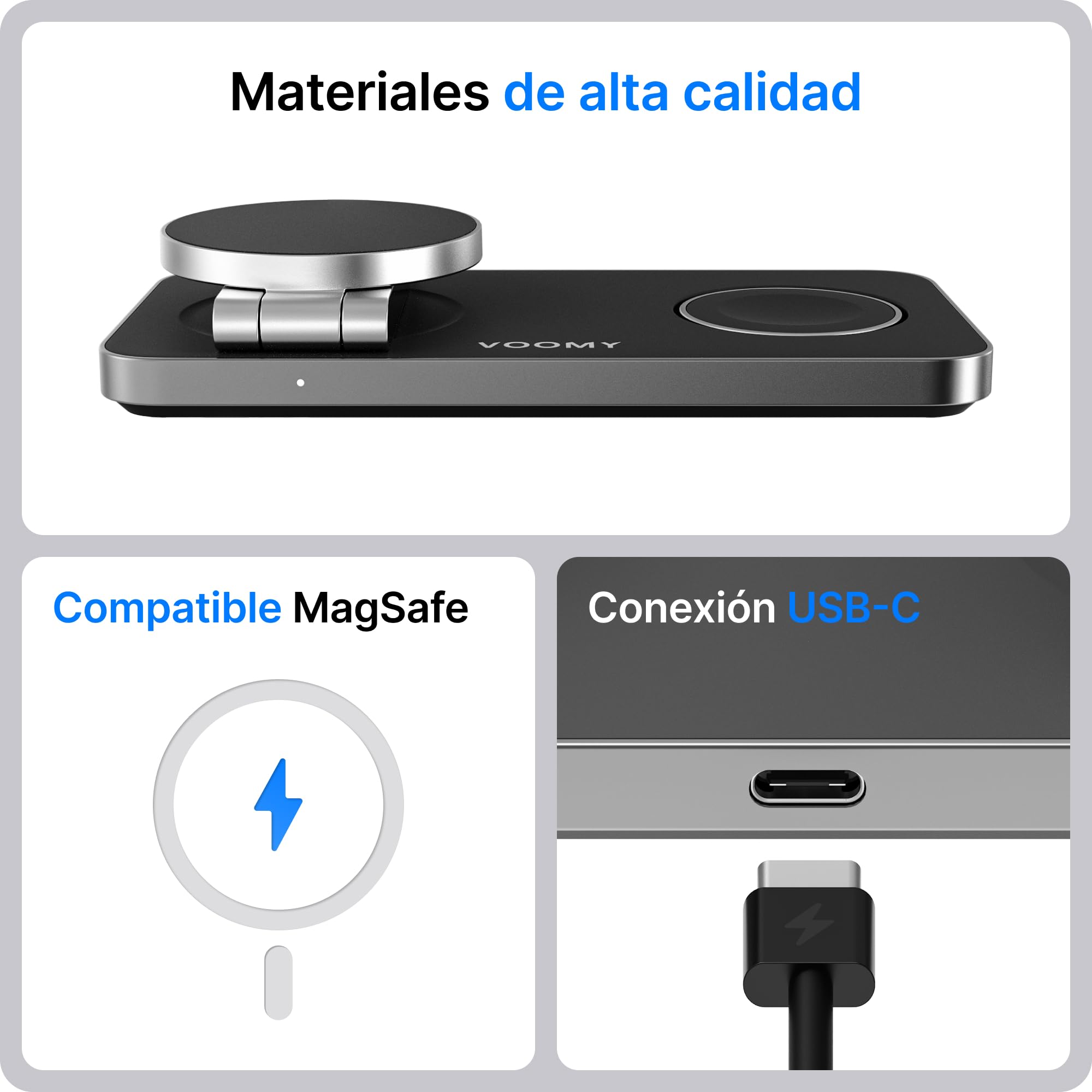 Voomy Carga inalámbrica 3 en 1 MagSafe – Estación de Carga para iPhone, Apple Watch y AirPods – 15W, diseño Plegable, con USB-C y Adaptador – Compatible con MagSafe y Qi