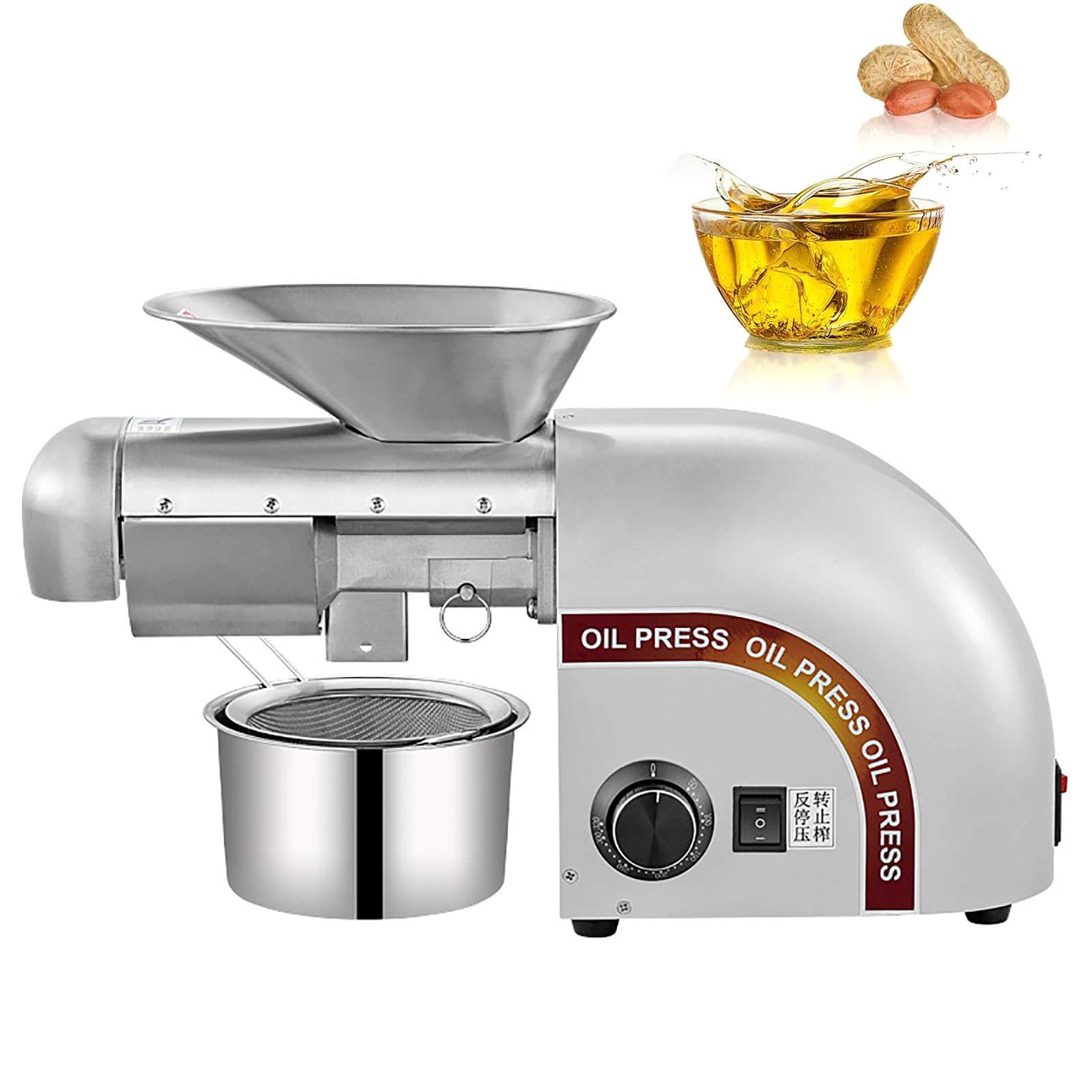 Eoweiot Commercial Nuts Seeds Oil Grinder, 1250W Automatic Oil Press Machine, Cold&Hot Pressing Dual Modes and 360 Heating Evenly,for Olives (Sliver)
