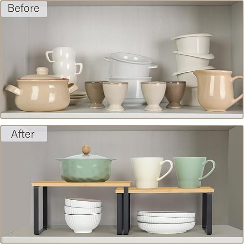 Miniatura 7 de Juego de 4 organizadores de estantes de gabinete de cocina, estante de encimera expandible, bambú y metal, estantes para especias, estantes