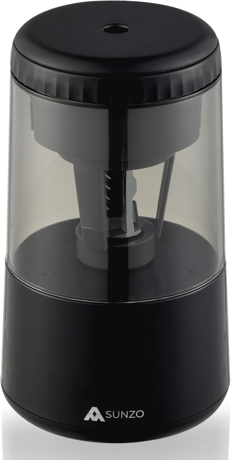 SUNZO Electric Pencil Sharpener, Fully Automatic Sharpener with Auto in & Out, Rechargeable Battery Powered Sharpener for Colored Pencils, Heavy Duty Sharpener for Kids Classroom Office Home (Black)