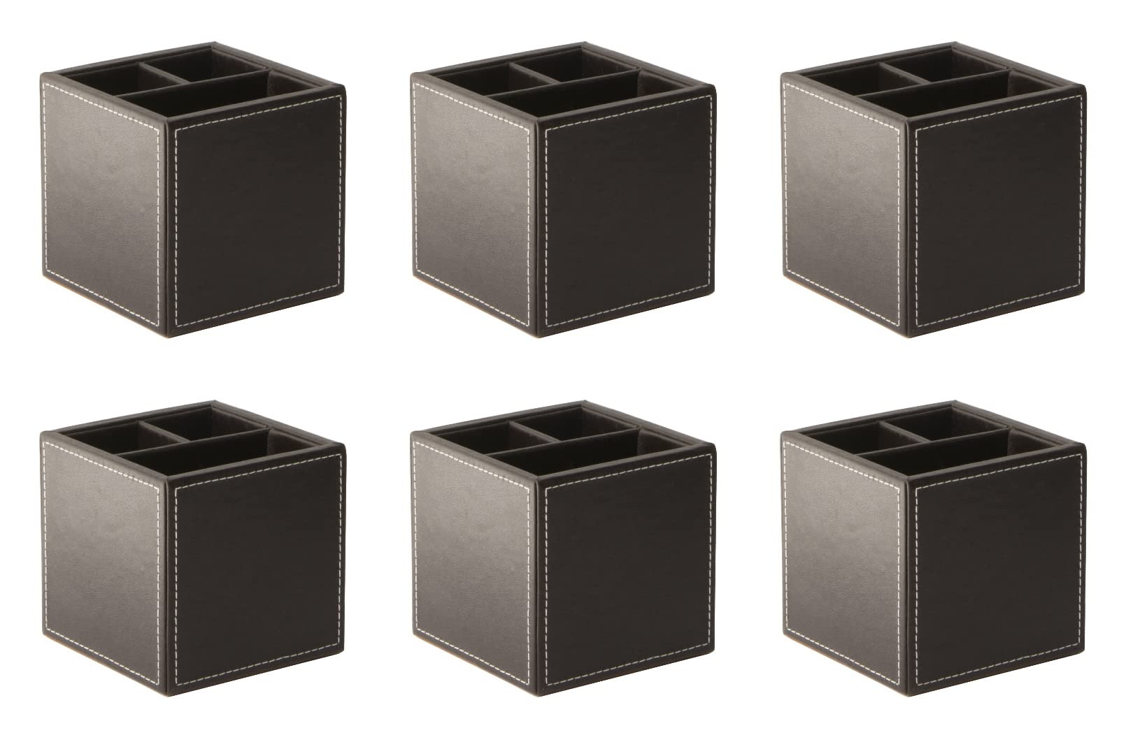 Osco Faux Leather Pen Pot, 3-Section Square Desk Tidy & Pencil Holder, Office Organiser & Makeup Brush Storage, Wipe-Clean Leather Finish, 10×10×10 cm, 6-Pack, Brown