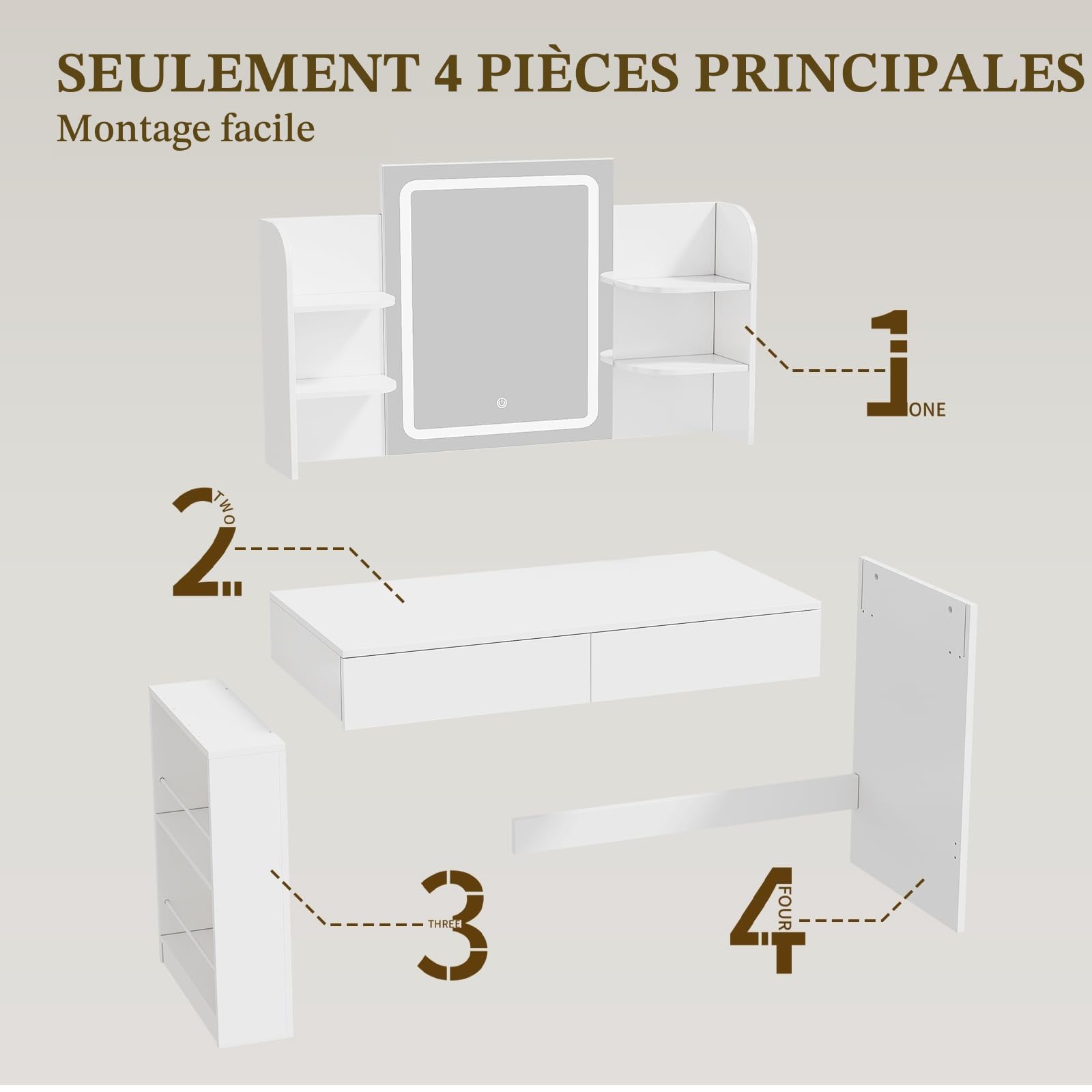 Airfish Coiffeuse avec Miroir et LED, Table de Maquillage avec 3 Étagères et 2 Tiroirs, Coiffeuse avec Grand Tiroir et Armoire, Lumière LED Réglable (Blanc)