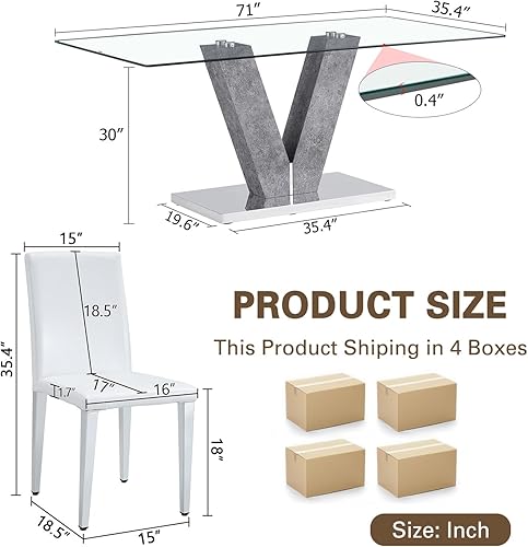 Miniatura 2 de Juego de mesa de comedor de cristal moderno de 71 pulgadas para 6, juego de mesa de comedor de 7 piezas con sillas y mesa de vidrio templado de