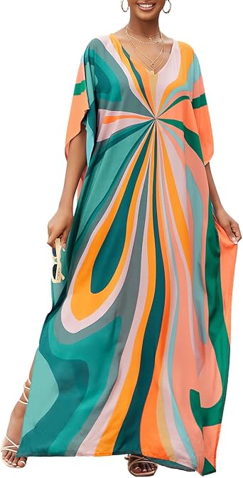 Bsubseach Kaftan Dresses for Women V Neck Batwing Sleeve Plus Size Caftans Swimwear Coverups Maxi Beach Dresses