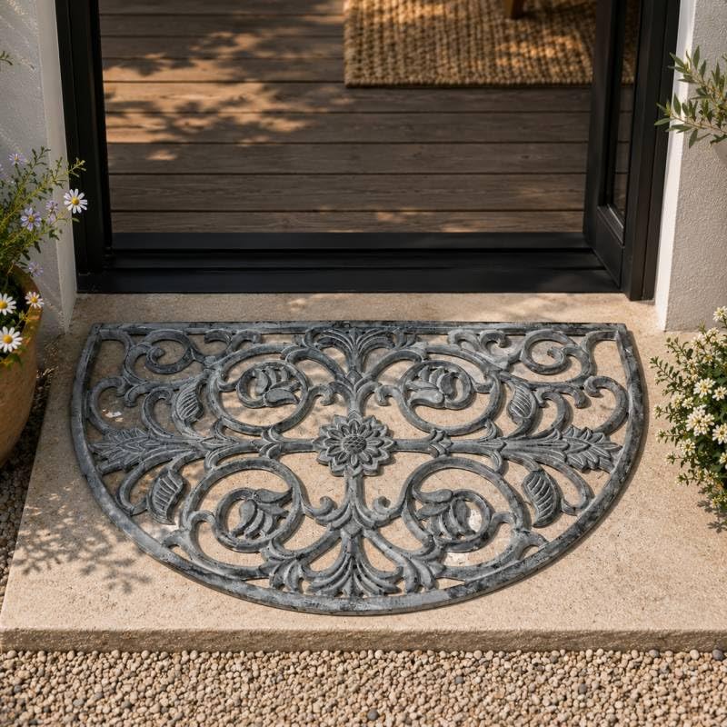 L'Héritier Du Temps Tapis Gratte Pieds en Forme de Demi Lune ou Paillasson Motifs Volutes et Feuilles en Fonte Patinée Gris 1x39,5x68cm