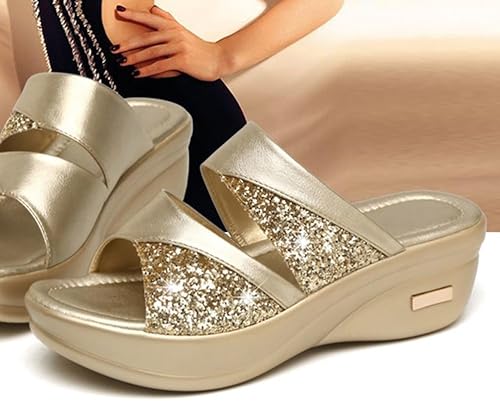 Miniatura 8 de Holibanna 1 par de sandalias de boca de pez de una sola banda deslizante cuña sexy lentejuelas cuñas verano plataforma sin espalda