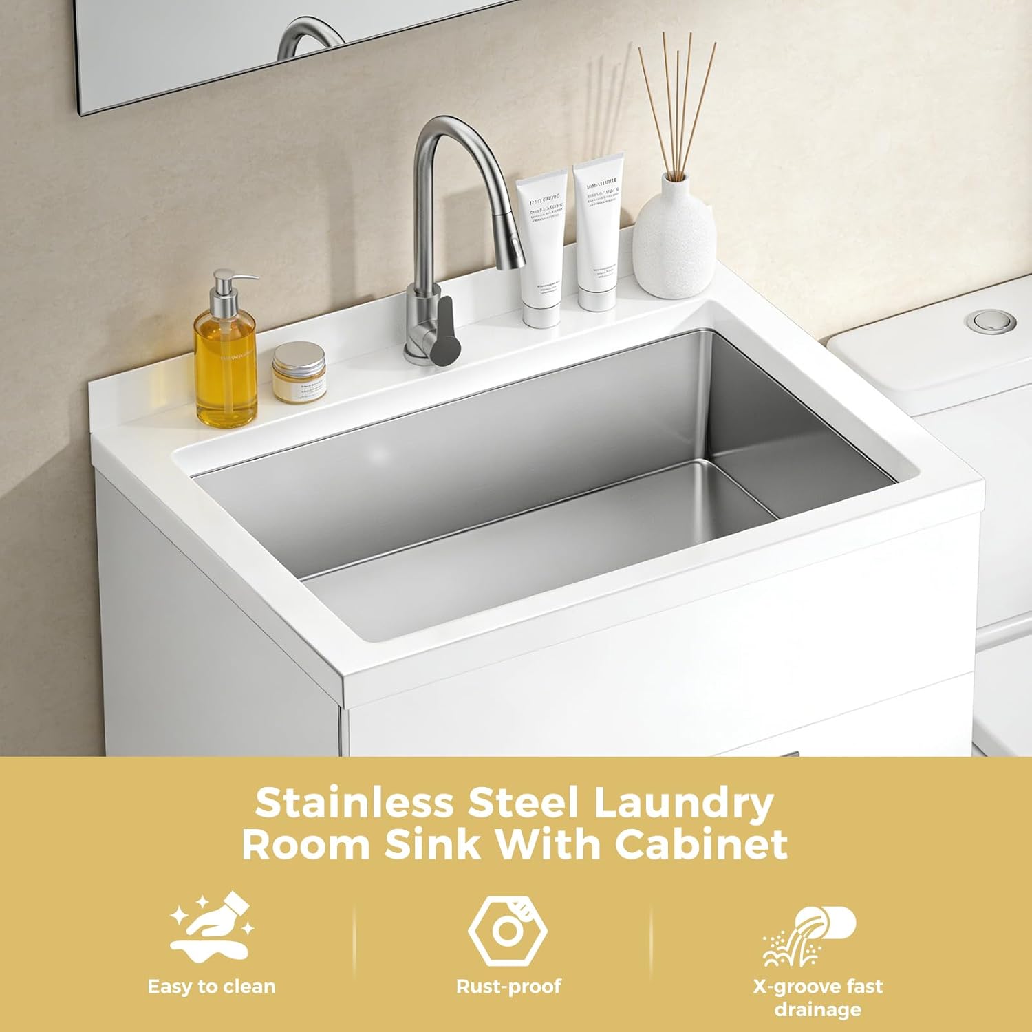 Laundry Sink with Cabinet, 31 Inch Large Stainless Steel Cabinet Sink with Faucet for Laundry Laundry & Utility Room Bathroom Basement Kitchen