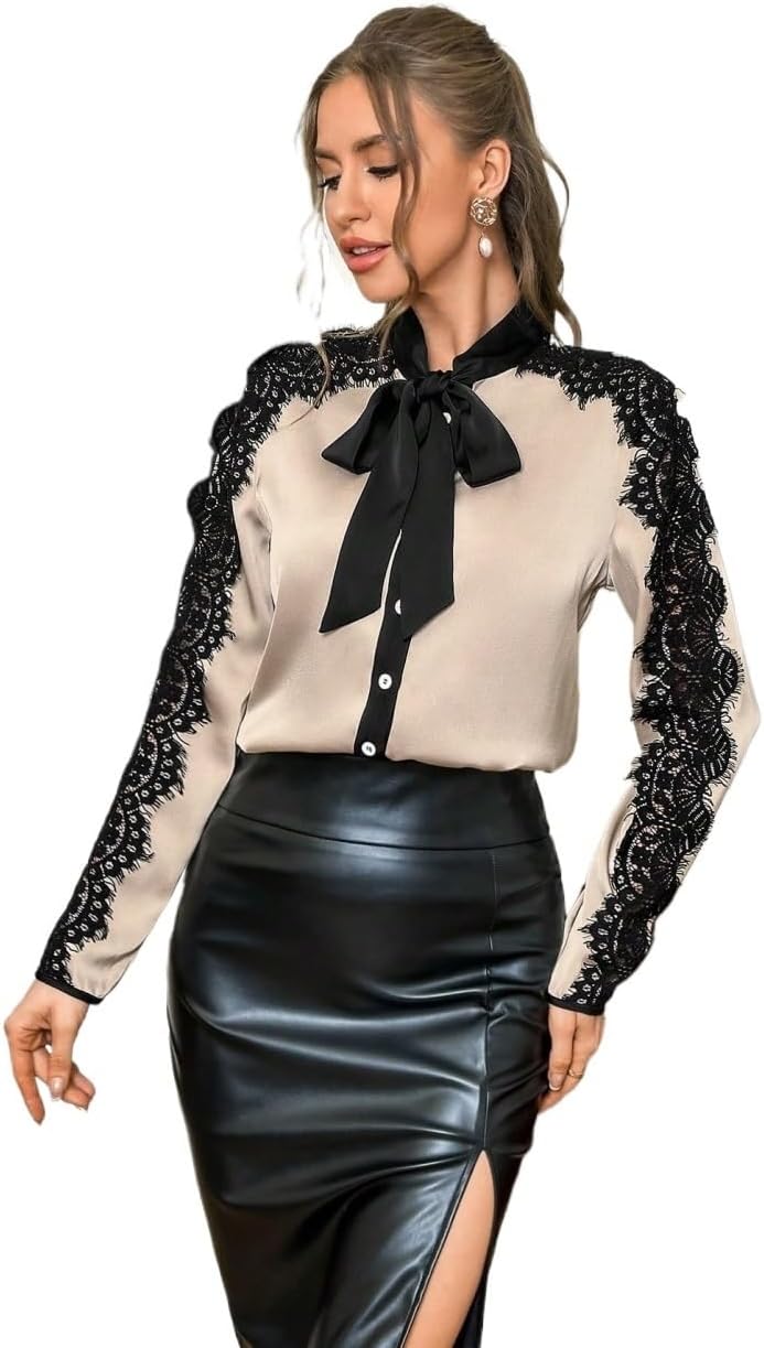 Women's Classic-Fit Shirt Lace Tie Neck Blouse,Long Sleeve Tops