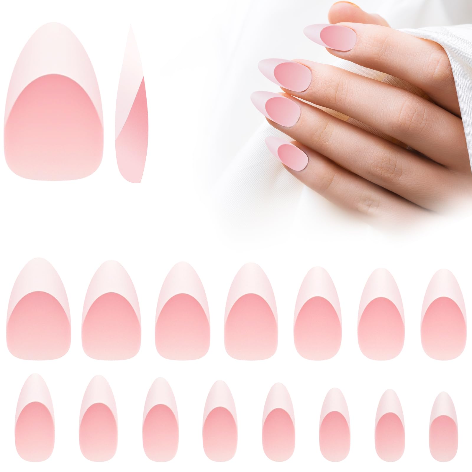 Lokaloka Uñas Postizas Gel Francesas Almendra Cortas, 300 Piezas 15 Tamaños Tips Stiletto French Press on Nails Manicura de Soft Gel UV Kit Falsas Puntas Set para Semipermanentes Acrilicas Diseño Rosa