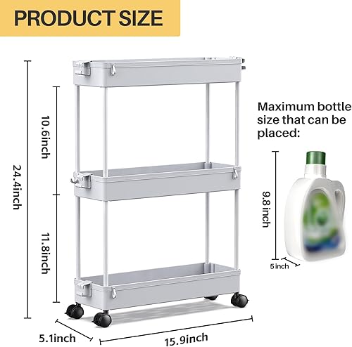 Miniatura 5 de SPACEKEEPER Carrito de almacenamiento delgado con ruedas, organizador de almacenamiento de baño de 3 niveles, carrito de servicio, unidad de