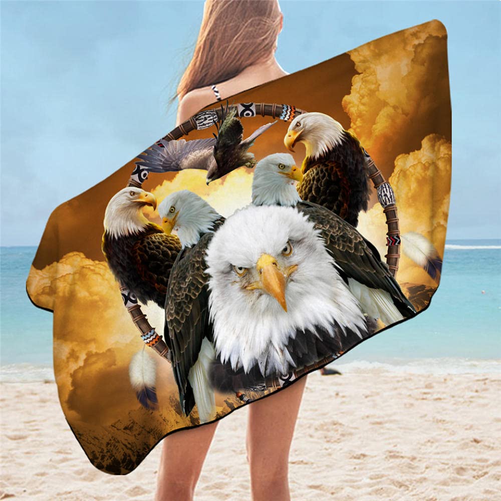 Lsjuee Large Travel Towel, Eagle Bath Towel 3D Printed Microfiber Beach Towel Compatible with Adults Rectangle American Flag Towel