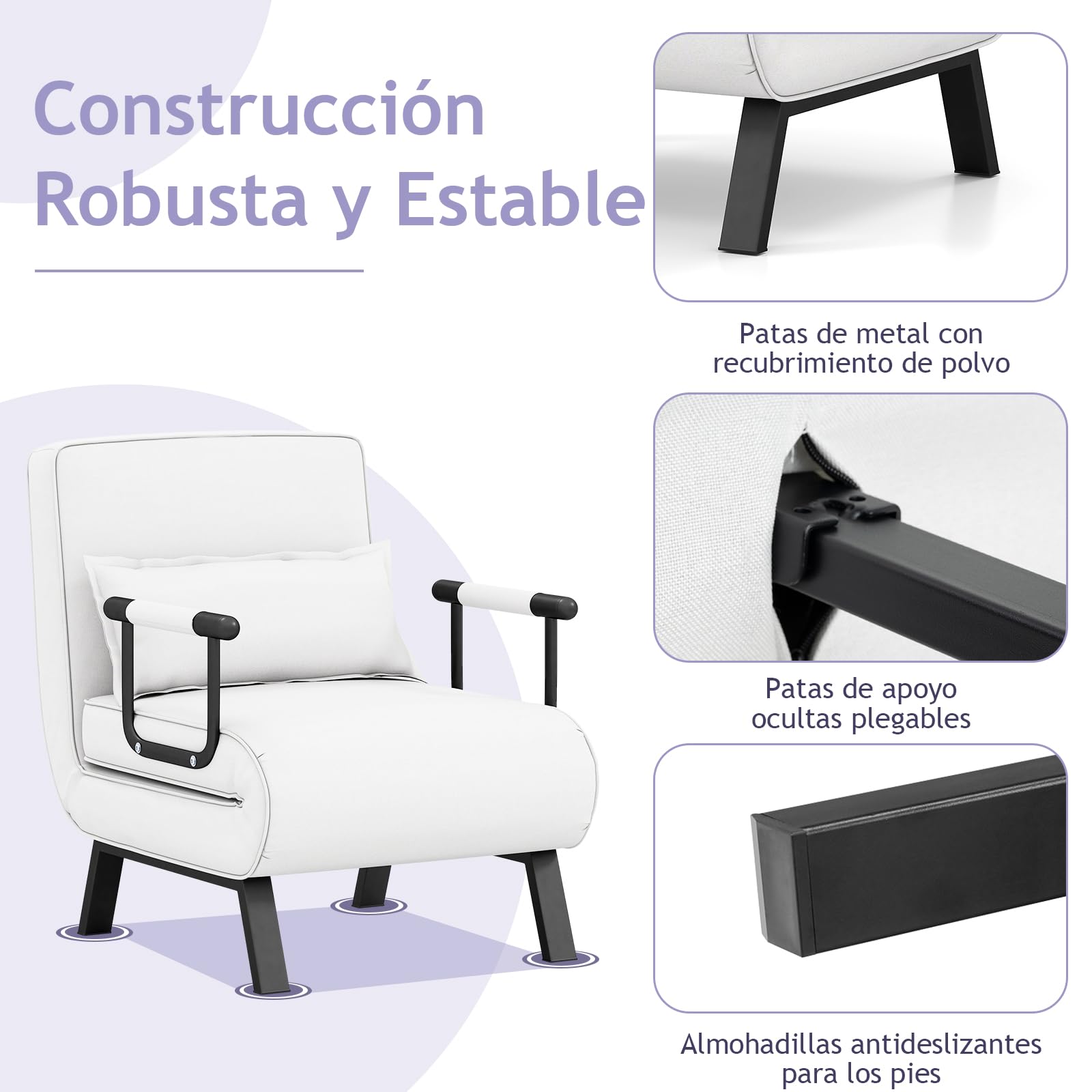 GOPLUS Sofá Cama Individual, Sillón Relax Reclinable 4 en 1 con Respaldo Ajustable en 6 Posiciones, Almohada y Orejero, Butaca de Salón 1 Plaza para Oficina, Salón, Carga 150kg (Blanco)
