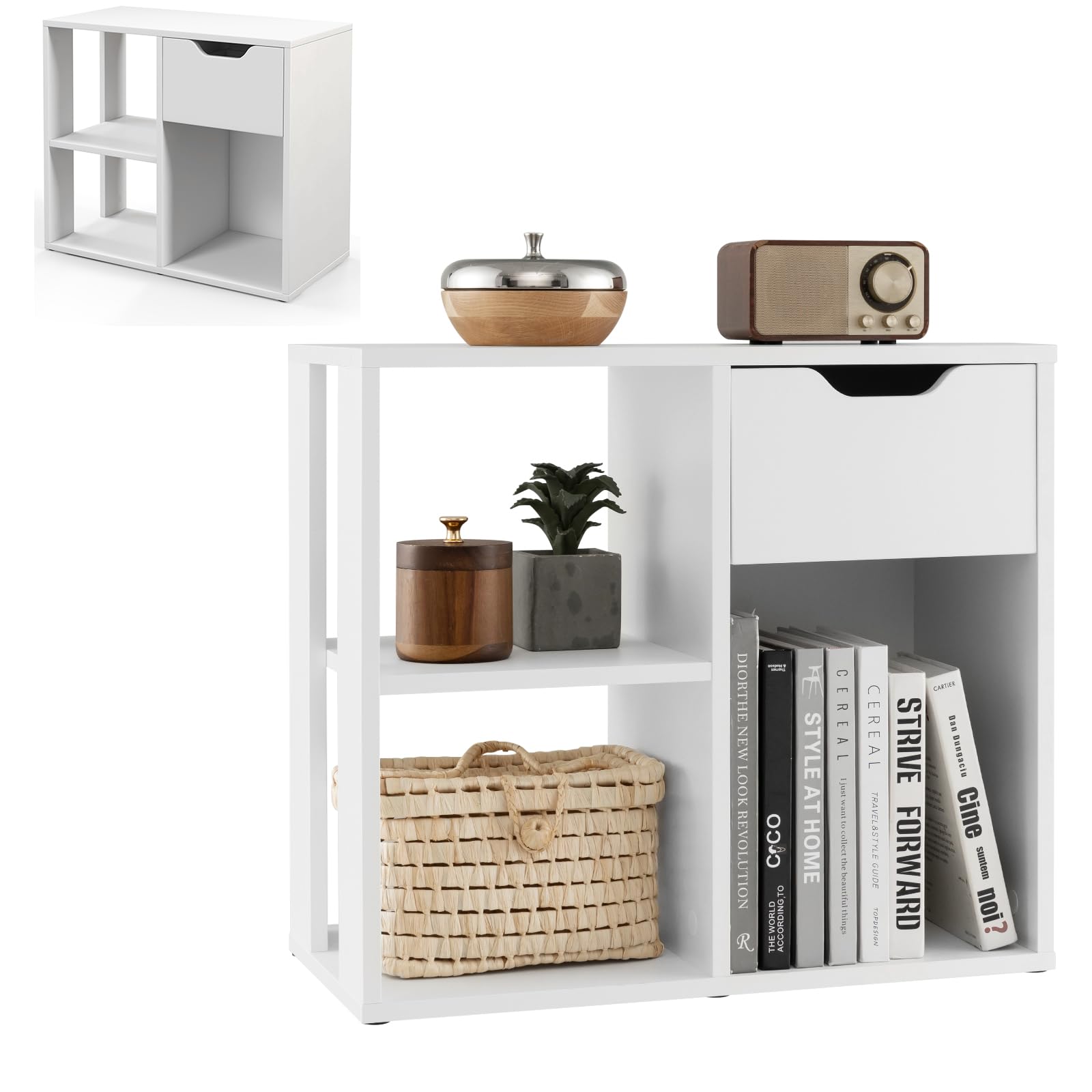HOMASIS Cubo Portaoggetti Scaffale, Mobiletto Salvaspazio con Cassetto e 3 Scomparti, Scaffale Piccolo in Legno, Divisorio per Soggiorno, Ufficio, Camera da Letto, 60 x 30 x 53 cm (Bianco)