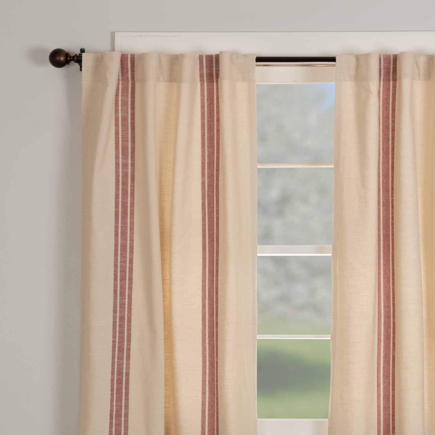 Piper Classics Market Place Red Grain Sack Stripe Panel Curtains, 63" Long, Set of 2 Panels, Farmhouse Style Drape Curtains in Brick Red & Natural Cream Stripes